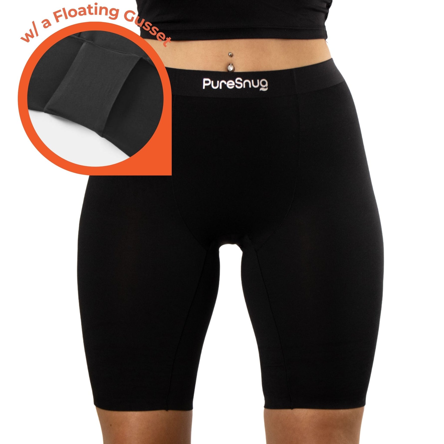 Black High-Waisted PureSnug biker shorts displayed, featuring "w/ a Floating Gusset" label.