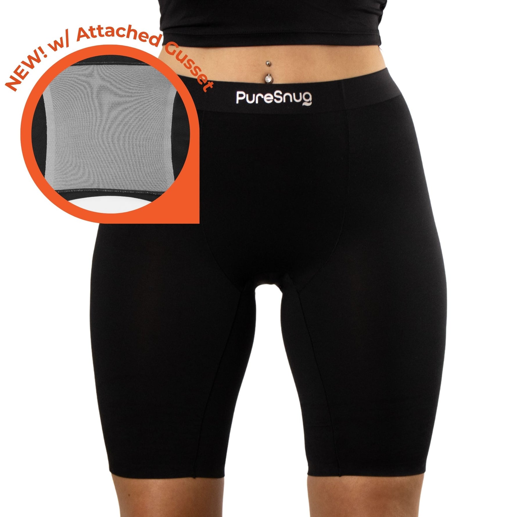 Front view of PureSnug's black high-waisted 5-inch boxer brief, featuring a new attached grey gusset.