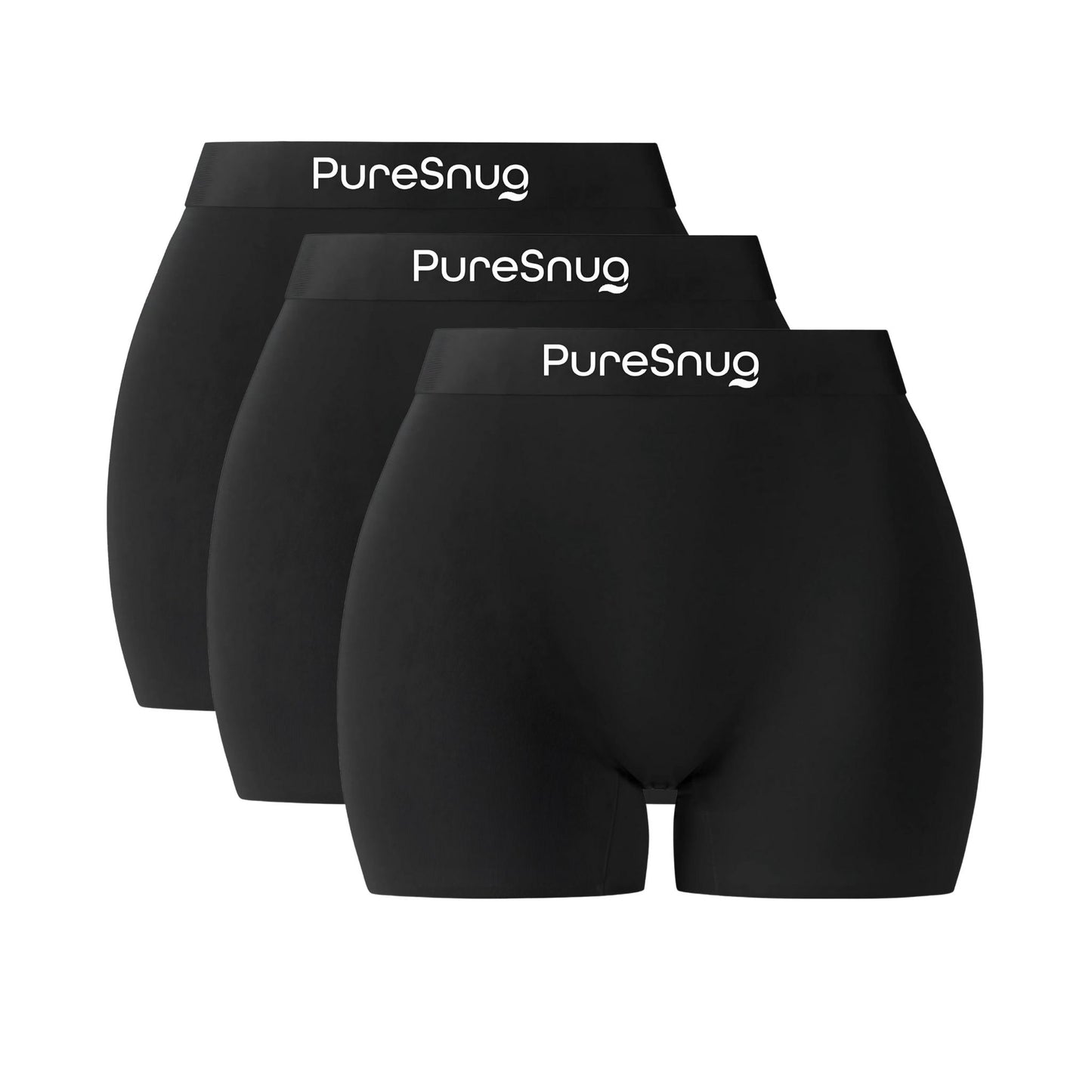 Three black 3" boyleg briefs with 'PureSnug' branding on a white background