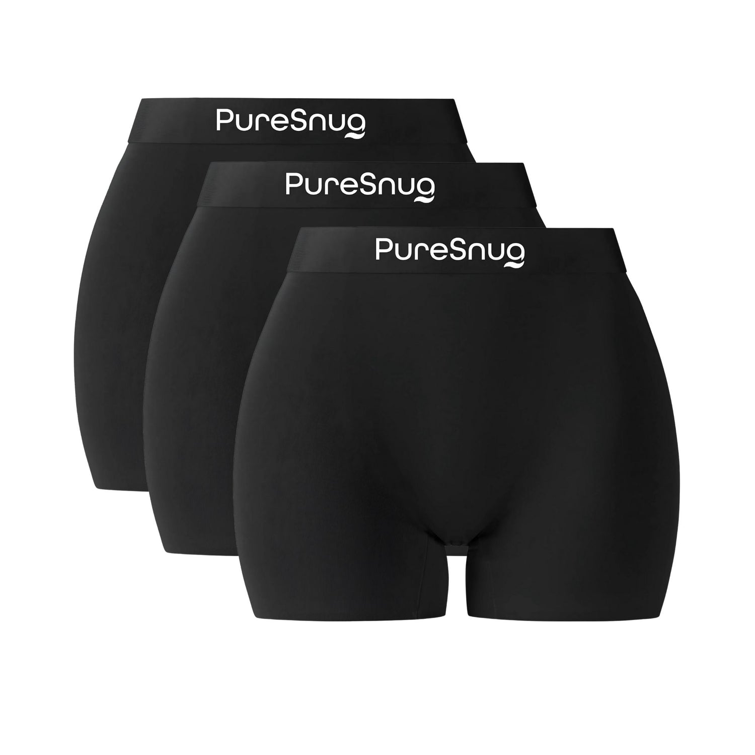 Three black 3" boyleg briefs with 'PureSnug' branding on a white background