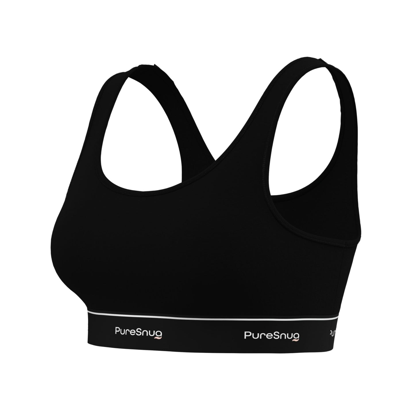 Side angle of PureSnug Classic Black Crop Top highlighting its contoured fit, scoop neckline, and signature logo band.