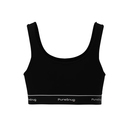 Back view of PureSnug Classic Black Crop Top showcasing wide shoulder straps and a smooth, seamless finish for everyday wear.