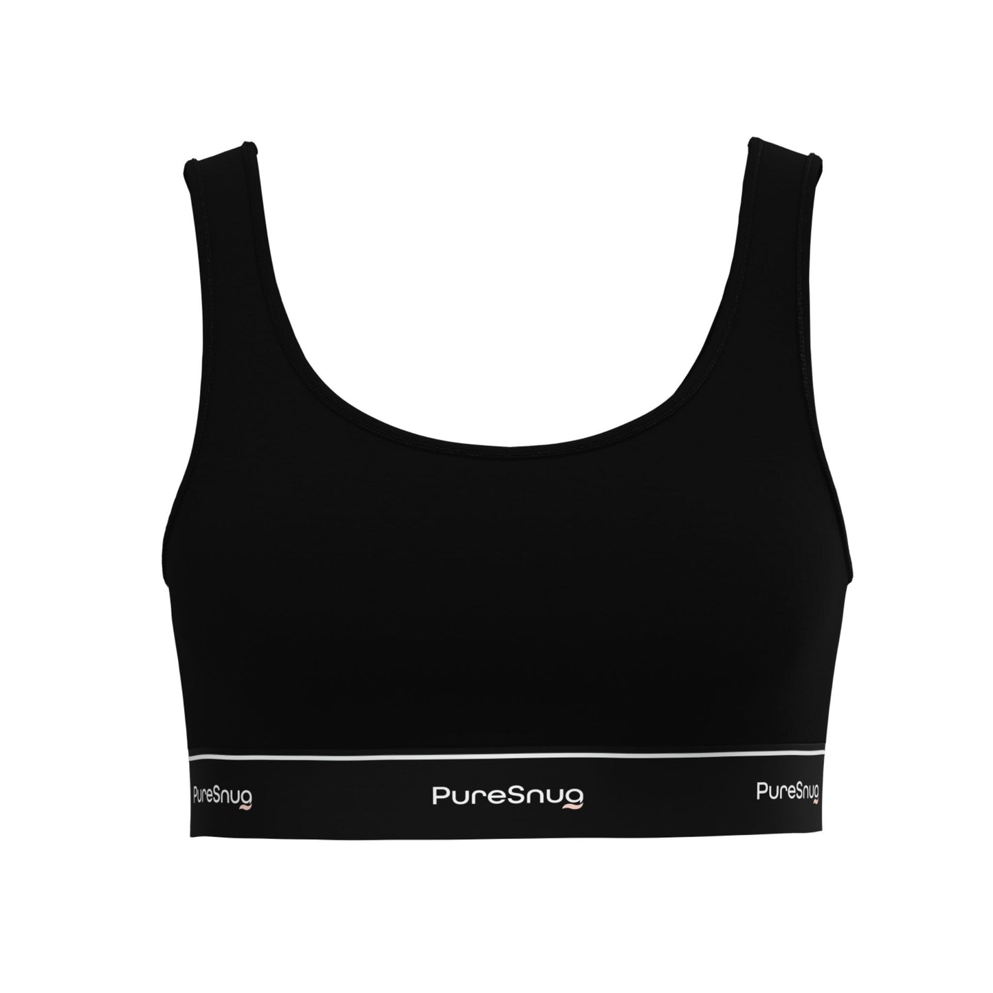 Front view of PureSnug Classic Black Crop Top with scoop neckline and branded elastic band for sleek, supportive comfort.