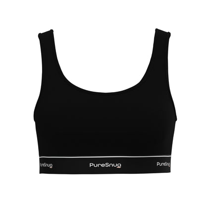 Front view of PureSnug Classic Black Crop Top with scoop neckline and branded elastic band for sleek, supportive comfort.