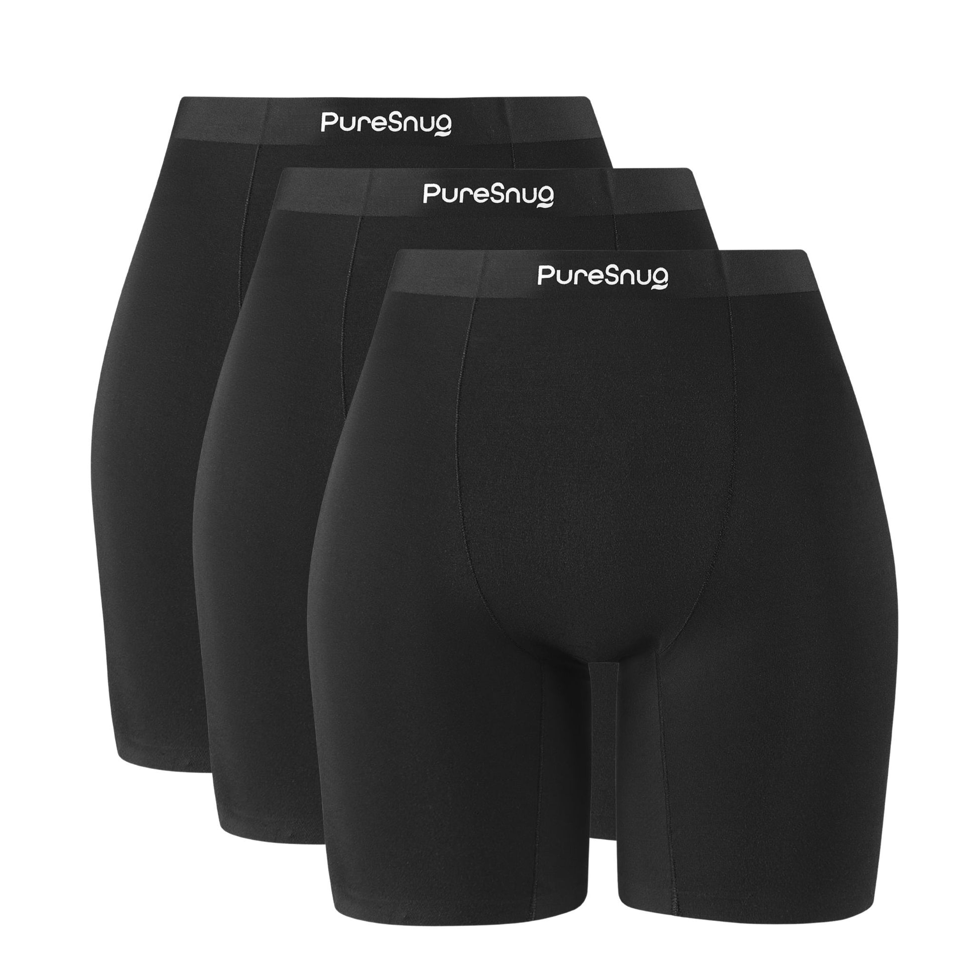 Three pairs of 8" black biker shorts with 'PureSnug' branding on a white background.