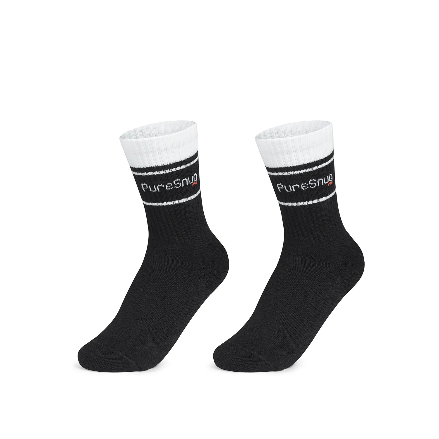 A pair of black crew socks featuring white ribbed cuffs and the "PureSnug" logo in the center. Stylish, comfortable design.