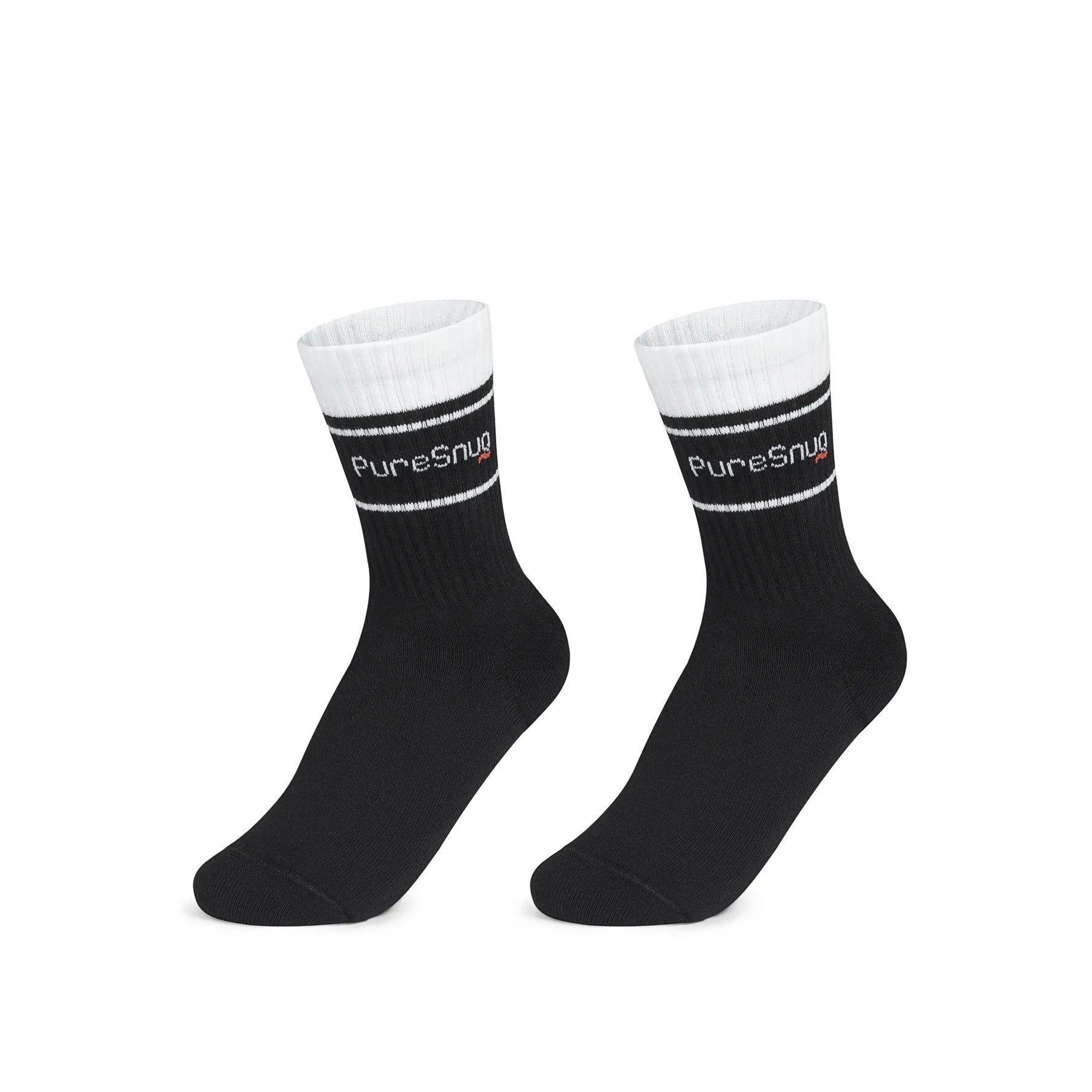 A pair of black crew socks featuring white ribbed cuffs and the "PureSnug" logo in the center. Stylish, comfortable design.