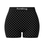 Black boyleg briefs with a white polka dot pattern and a black waistband featuring the white 'PureSnug' brand logo, shown against a white background.