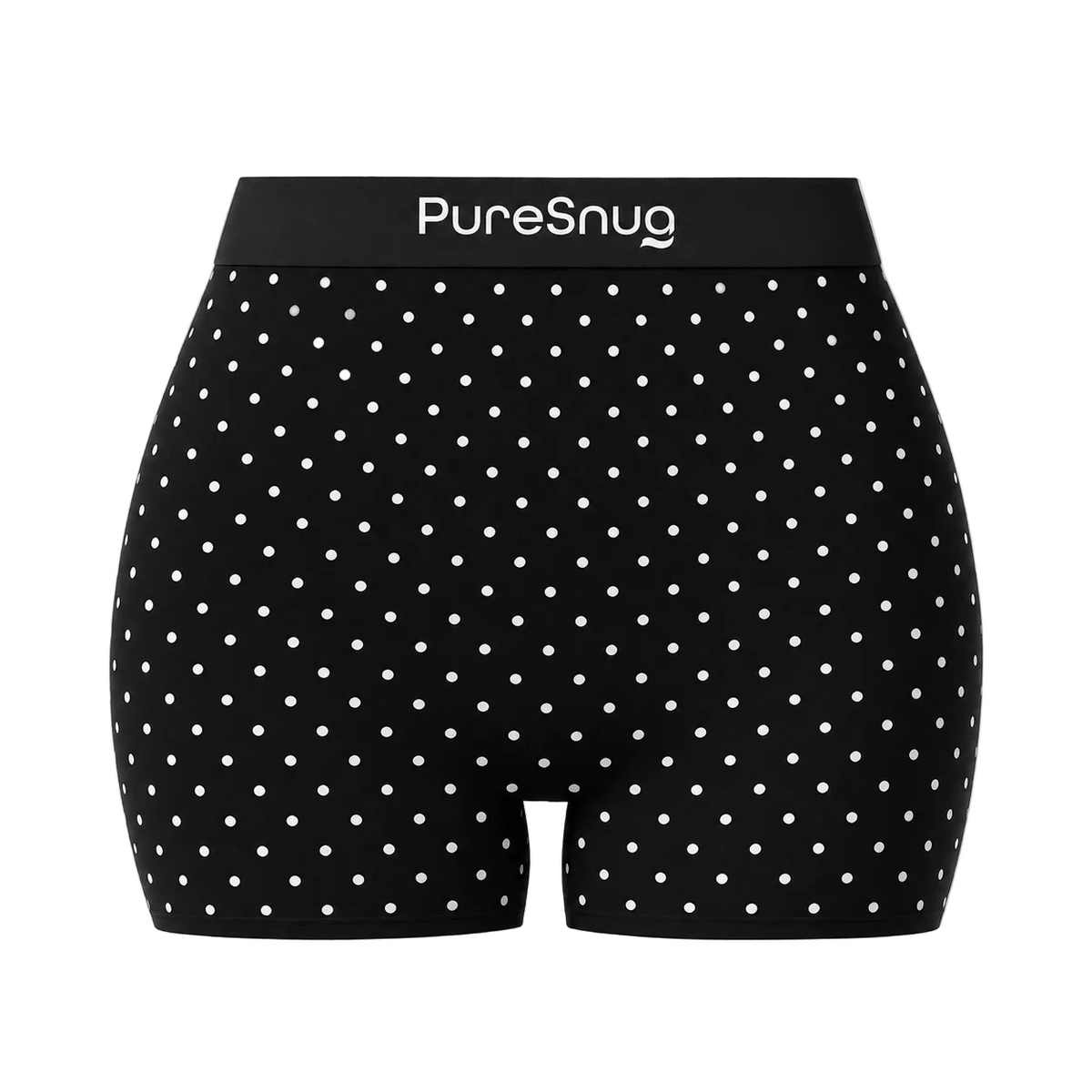 Black boyleg briefs with a white polka dot pattern and a black waistband featuring the white 'PureSnug' brand logo, shown against a white background.