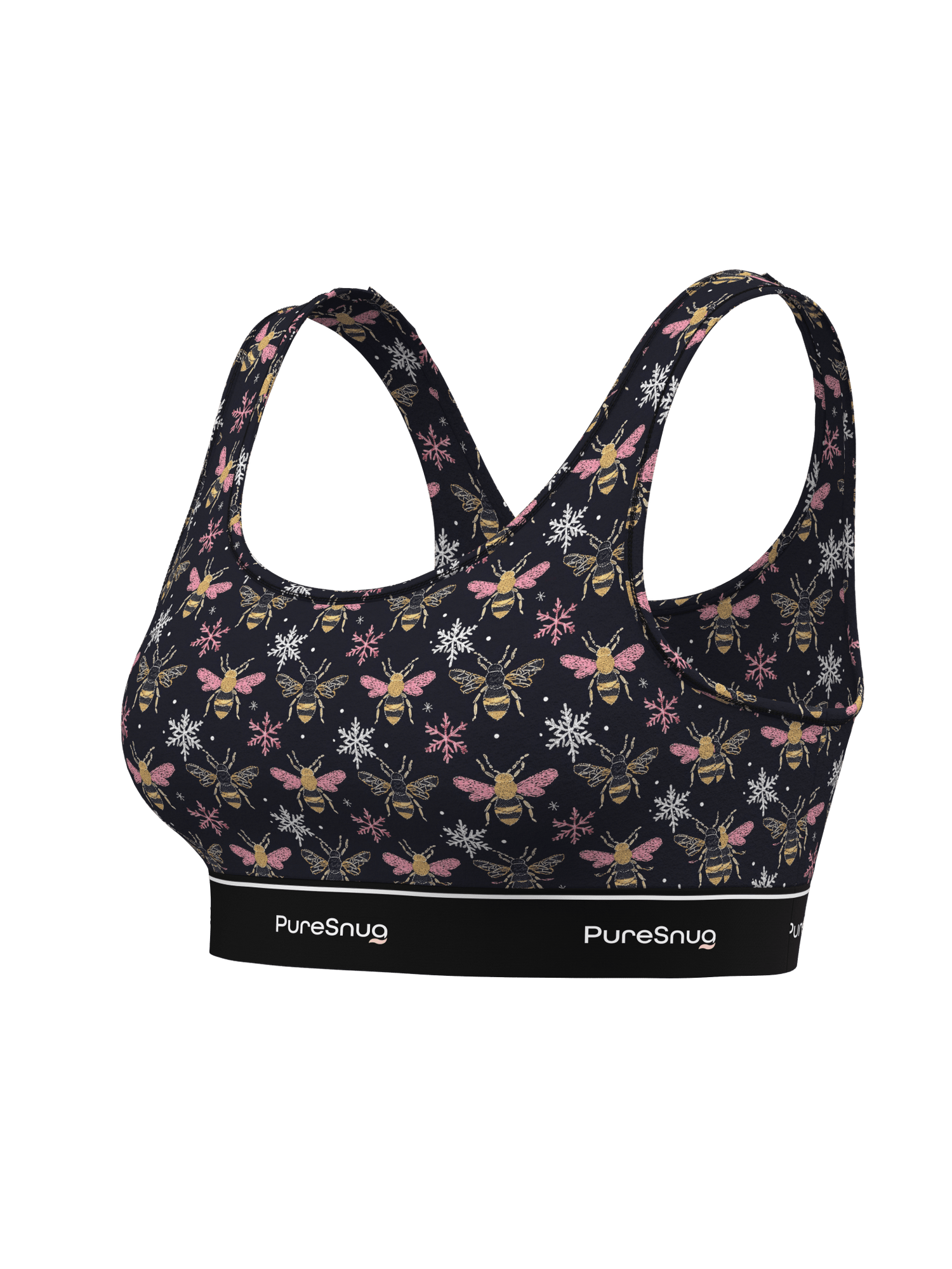 Side angle of PureSnug Bees Print Crop Top highlighting its vibrant bee design, flattering shape, and signature PureSnug band for cozy everyday wear.