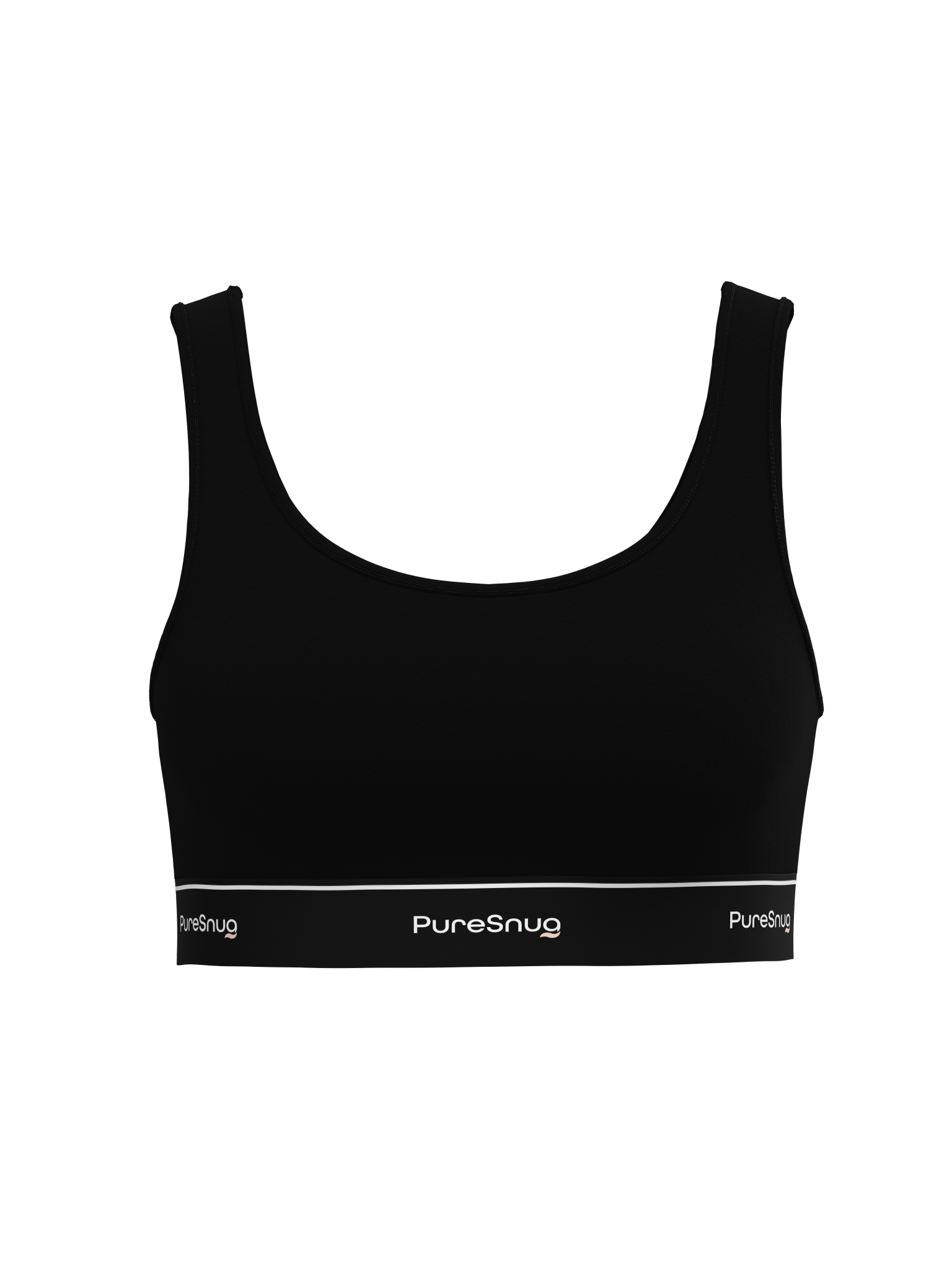 Front view of PureSnug Classic Black Crop Top with scoop neckline and branded elastic band for sleek, supportive comfort.