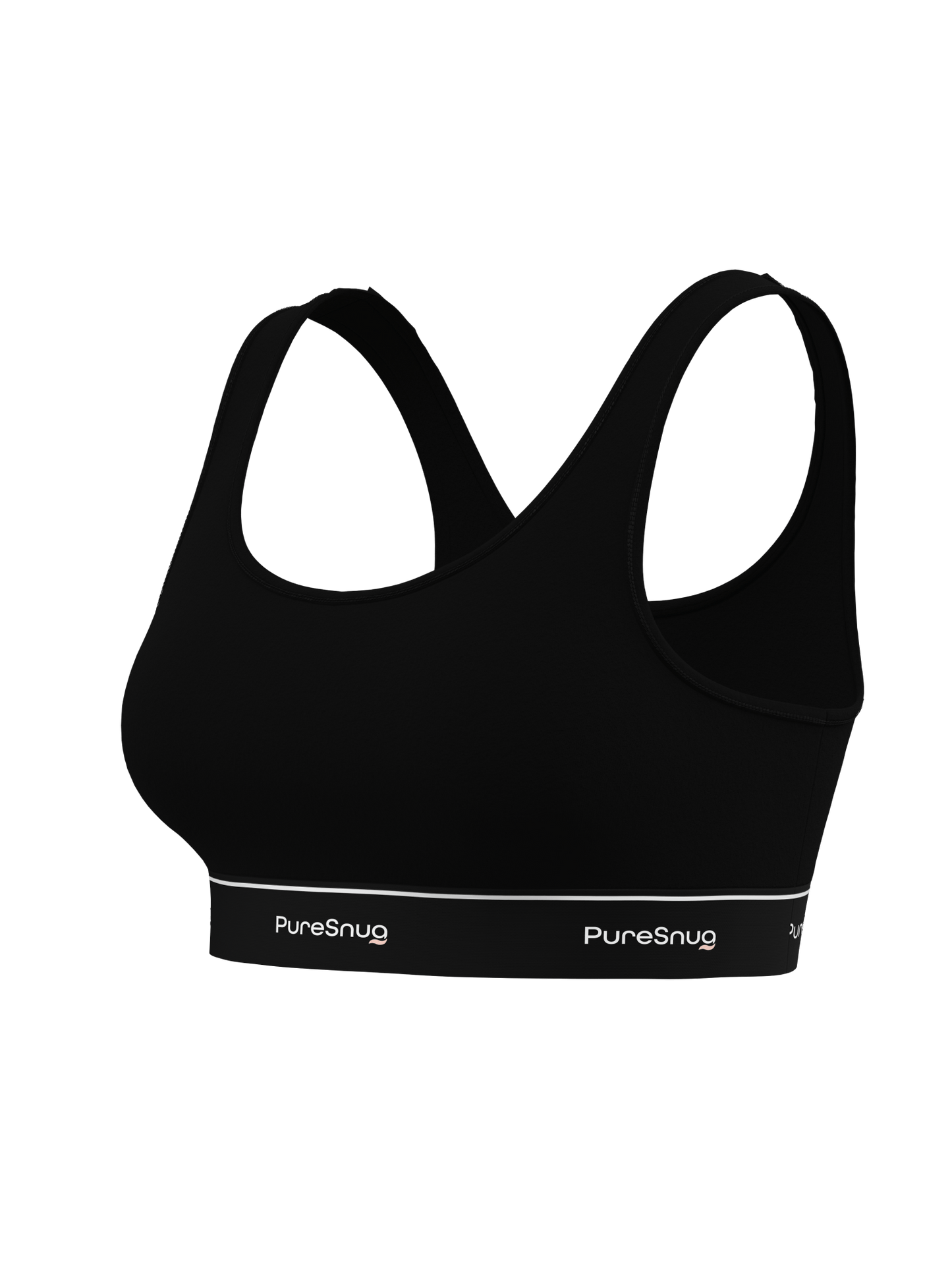 Side angle of PureSnug Classic Black Crop Top highlighting its contoured fit, scoop neckline, and signature logo band.