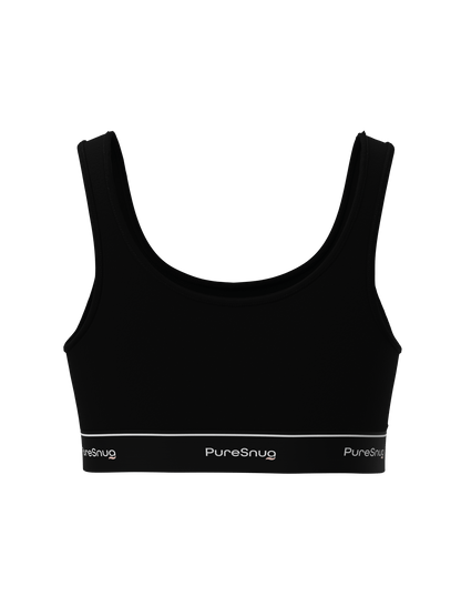 Back view of PureSnug Classic Black Crop Top showcasing wide shoulder straps and a smooth, seamless finish for everyday wear.