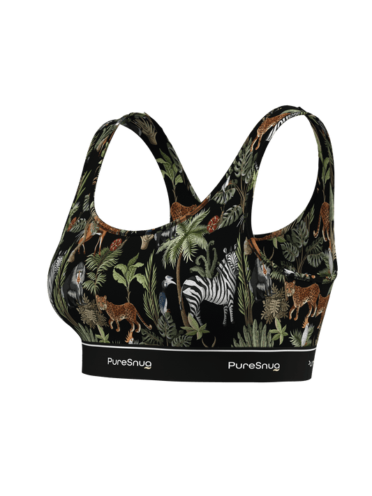 Side angle of PureSnug Jungle Print Crop Top highlighting its contoured silhouette, vibrant leaf print, and PureSnug logo band for a touch of paradise.