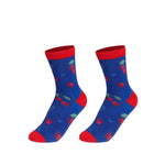 Bright blue socks with red cuffs and toe, featuring a playful cherry pattern and green leaves for a fun, colorful look.