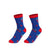Bright blue socks with red cuffs and toe, featuring a playful cherry pattern and green leaves for a fun, colorful look.