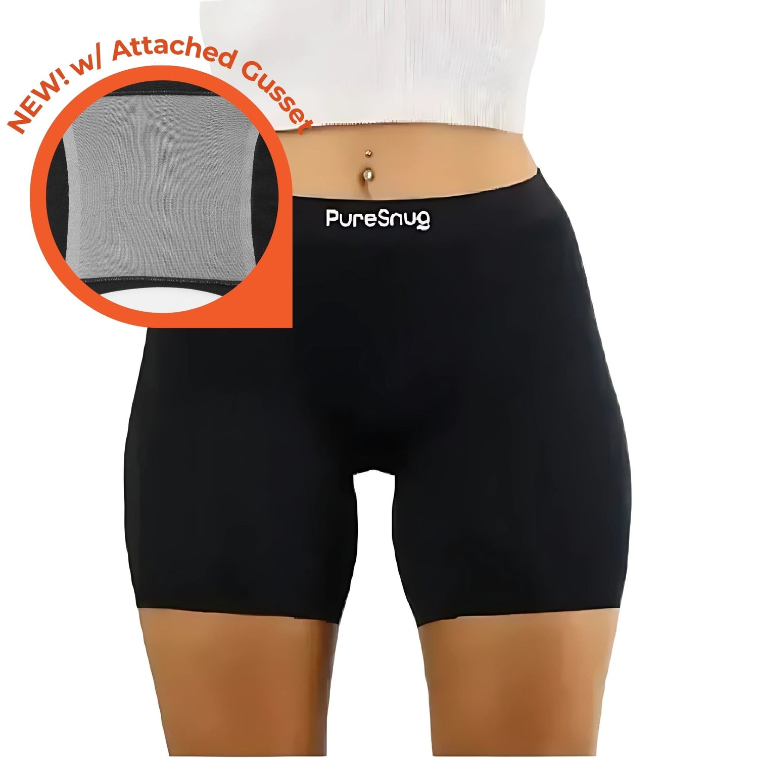PureSnug black boxer briefs featuring an attached gusset and a bold logo detail across the top band.