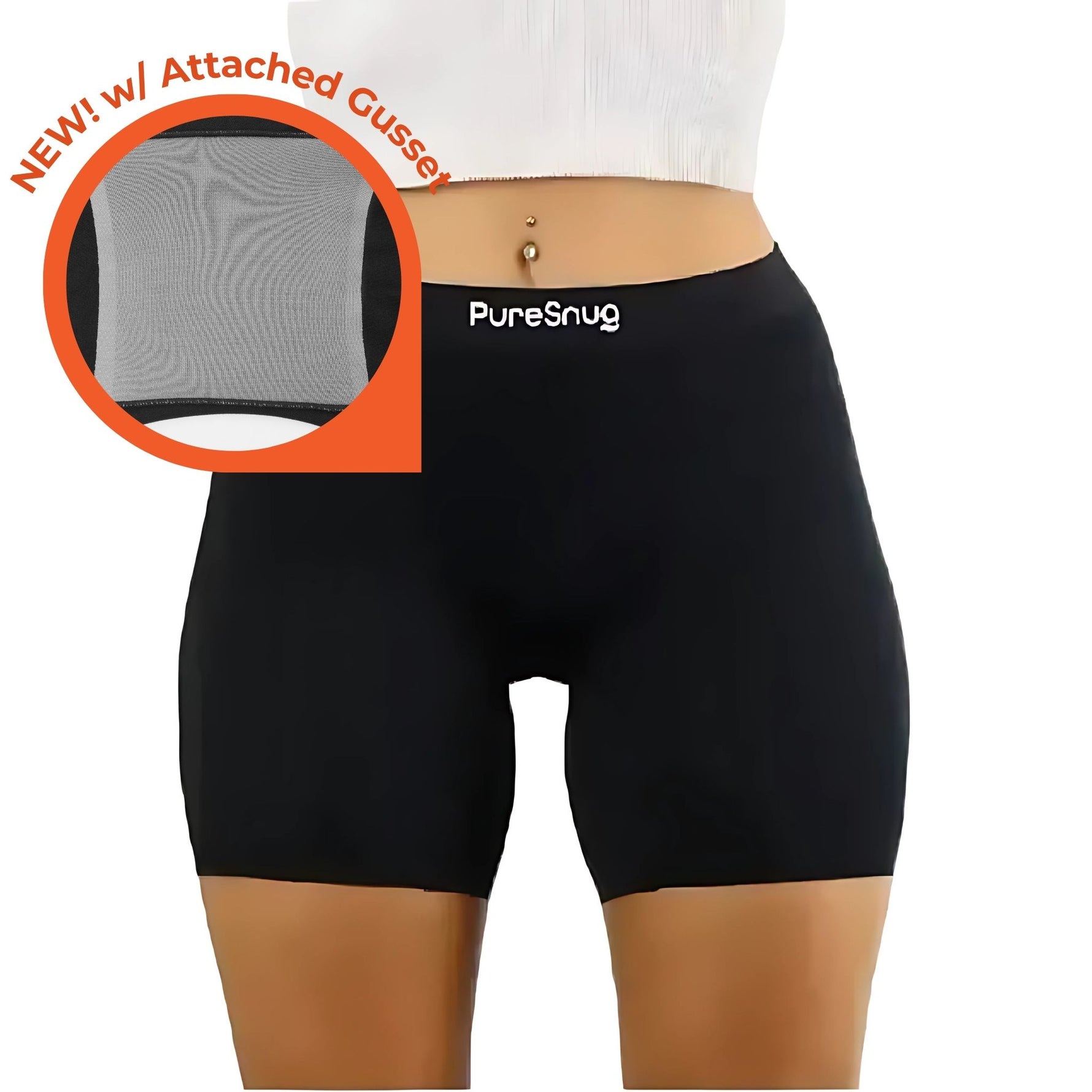 PureSnug black boxer briefs featuring an attached gusset and a bold logo detail across the top band.