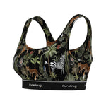 Side angle of PureSnug Jungle Crop Top highlighting its contoured fit, scoop neckline, and signature logo band.