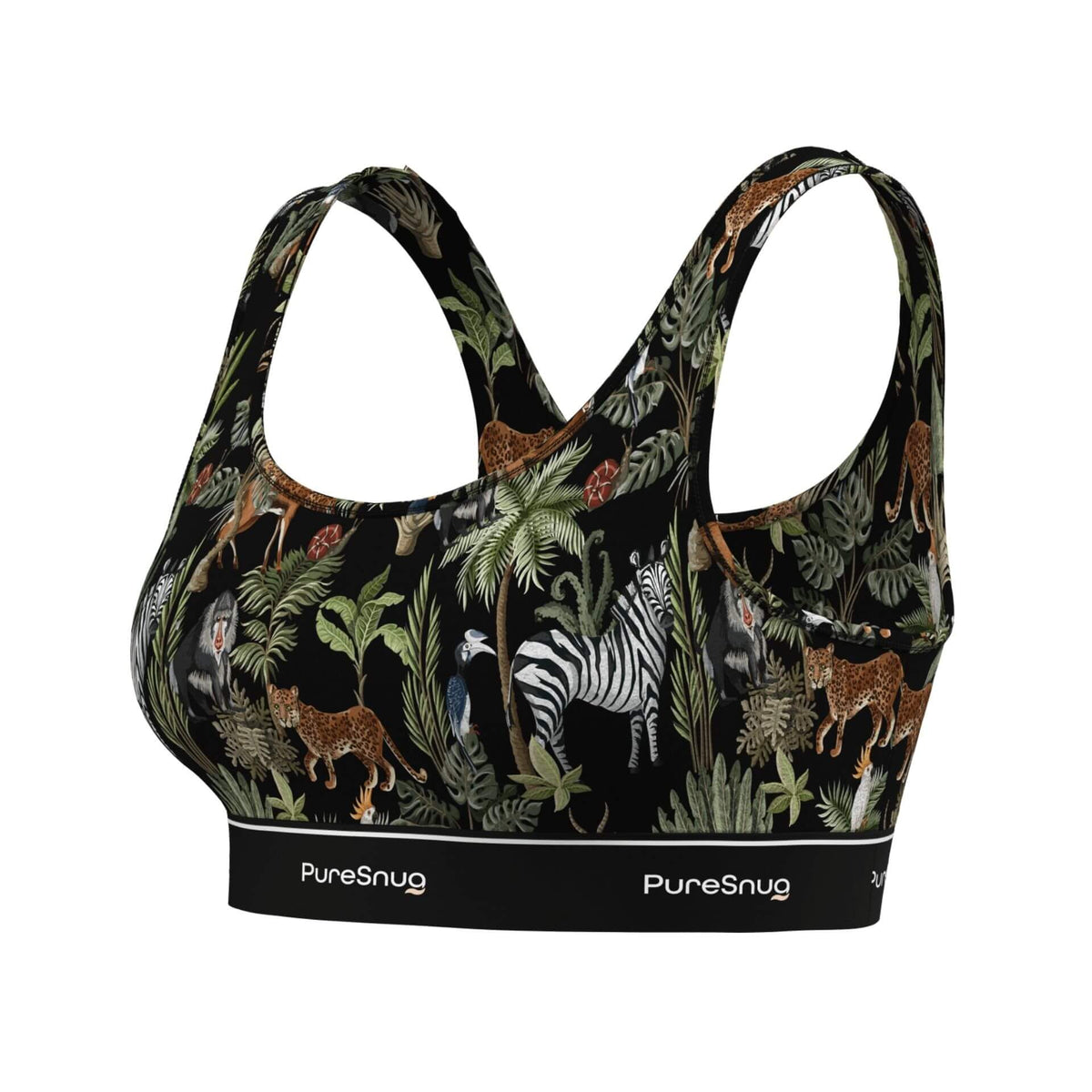 Side angle of PureSnug Jungle Crop Top highlighting its contoured fit, scoop neckline, and signature logo band.