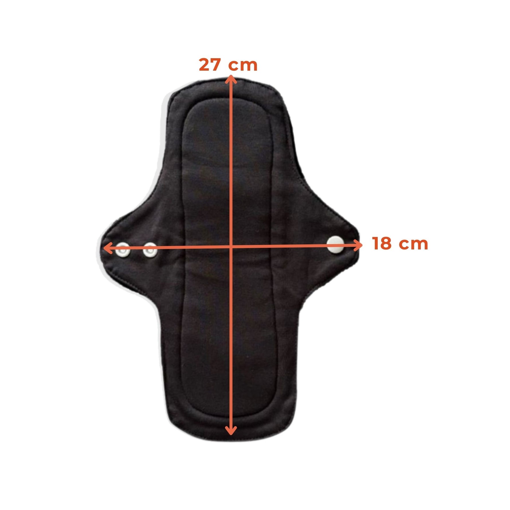 PureSnug's Black reusable day pad with dimensions marked: 27 cm in length and 18 cm in width. It has winged sides with button fasteners.