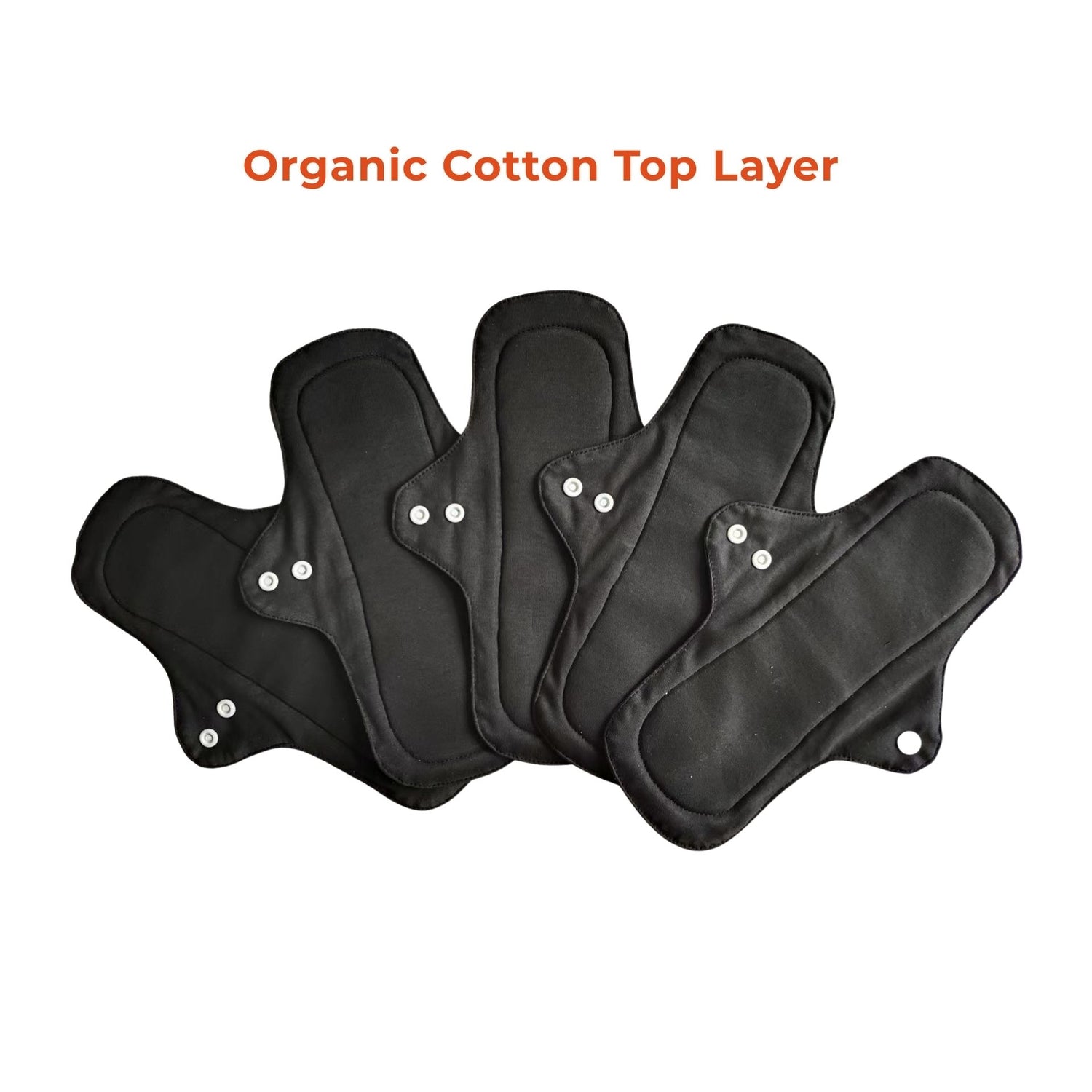 A set of 5 black reusable day pads, fanned out against a white background. Text above reads "Organic Cotton Top Layer," indicating eco-friendly material.