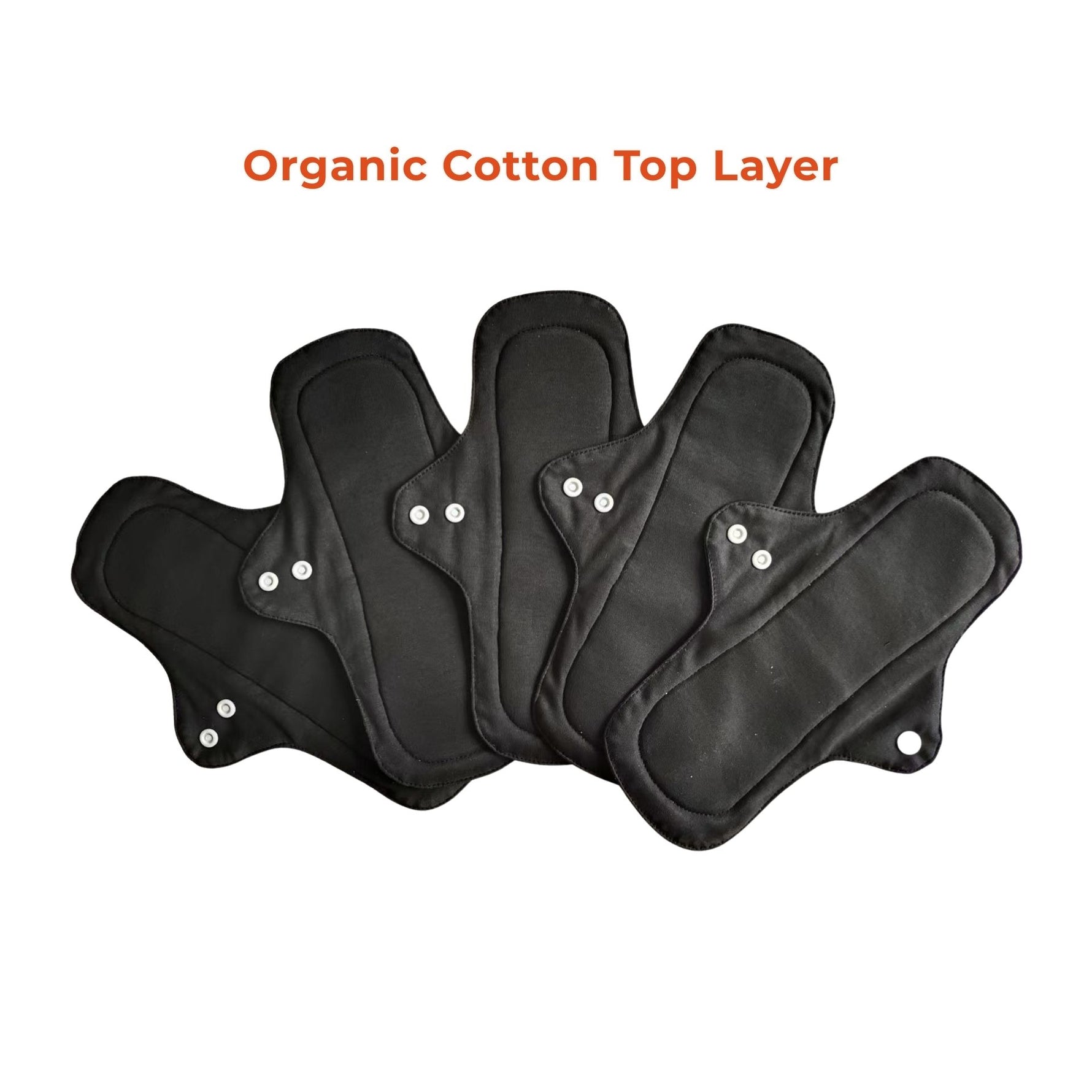 A set of 5 black reusable day pads, fanned out against a white background. Text above reads "Organic Cotton Top Layer," indicating eco-friendly material.