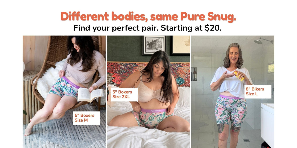 Promotional collage for Pure Snug boxers and bikers showing three women modeling different sizes and styles of the underwear. The top text reads 'Different bodies, same Pure Snug.