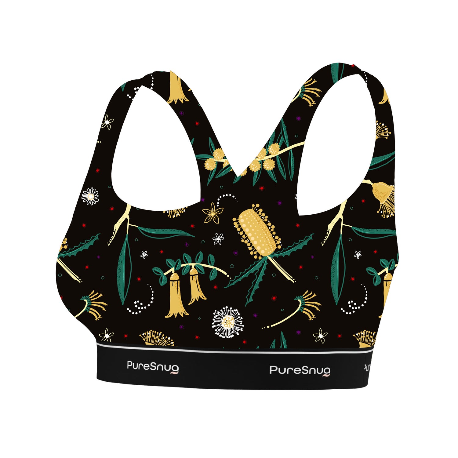 PureSnug crop top bra in black fabric with floral pattern on a white background