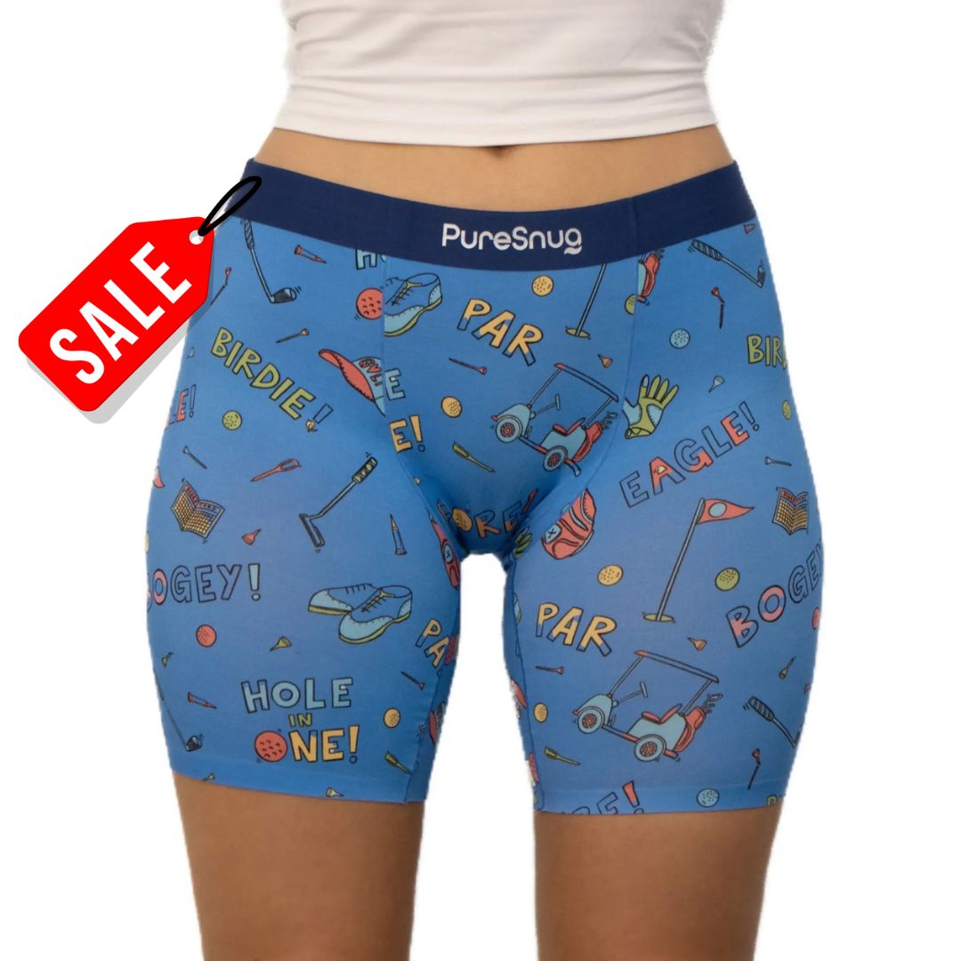 puresnug golf print ladies' boxer briefs front view, a soft blue background, now on sale. from XS to XL, Australia