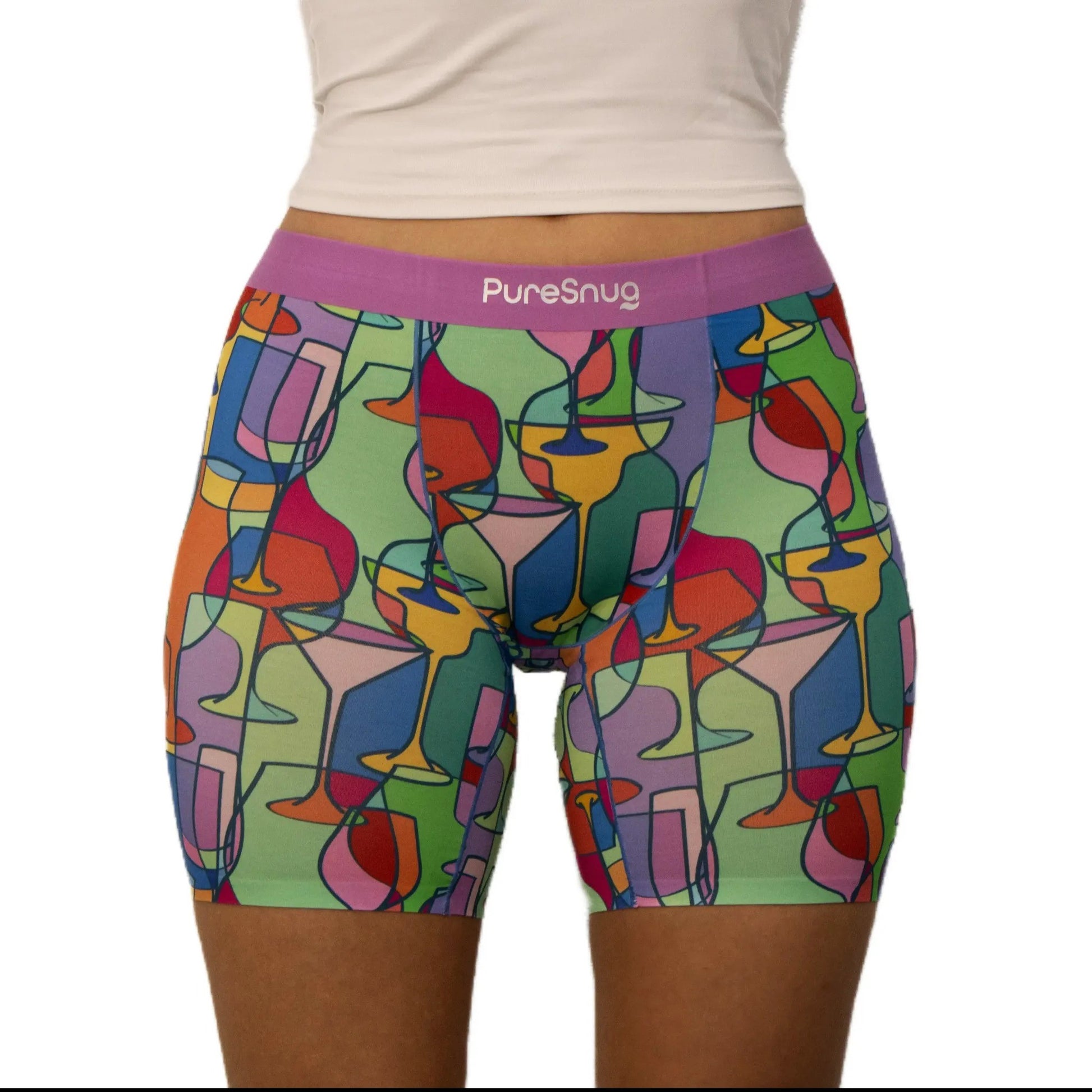 puresnug ladies' boxer briefs front view in wine party print