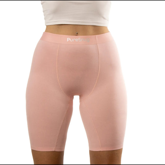 puresnug 8" inseam biker short in soft pink color,more coverage and support, no ride up, no wedgies, no chafing design, AU