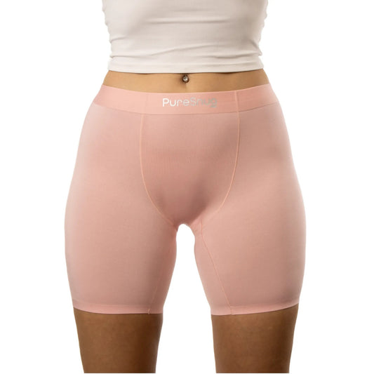 puresnug boxer briefs in a soft pink color,no panty line, no ride up, no wedgies, no chafing design, AU