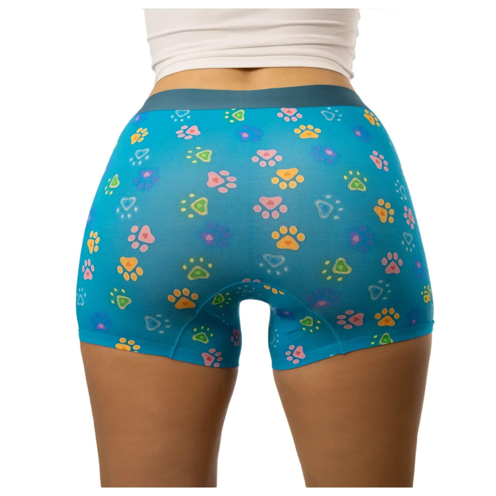 puresnug boyleg underwear in animal paw print and teal color, back view, AU