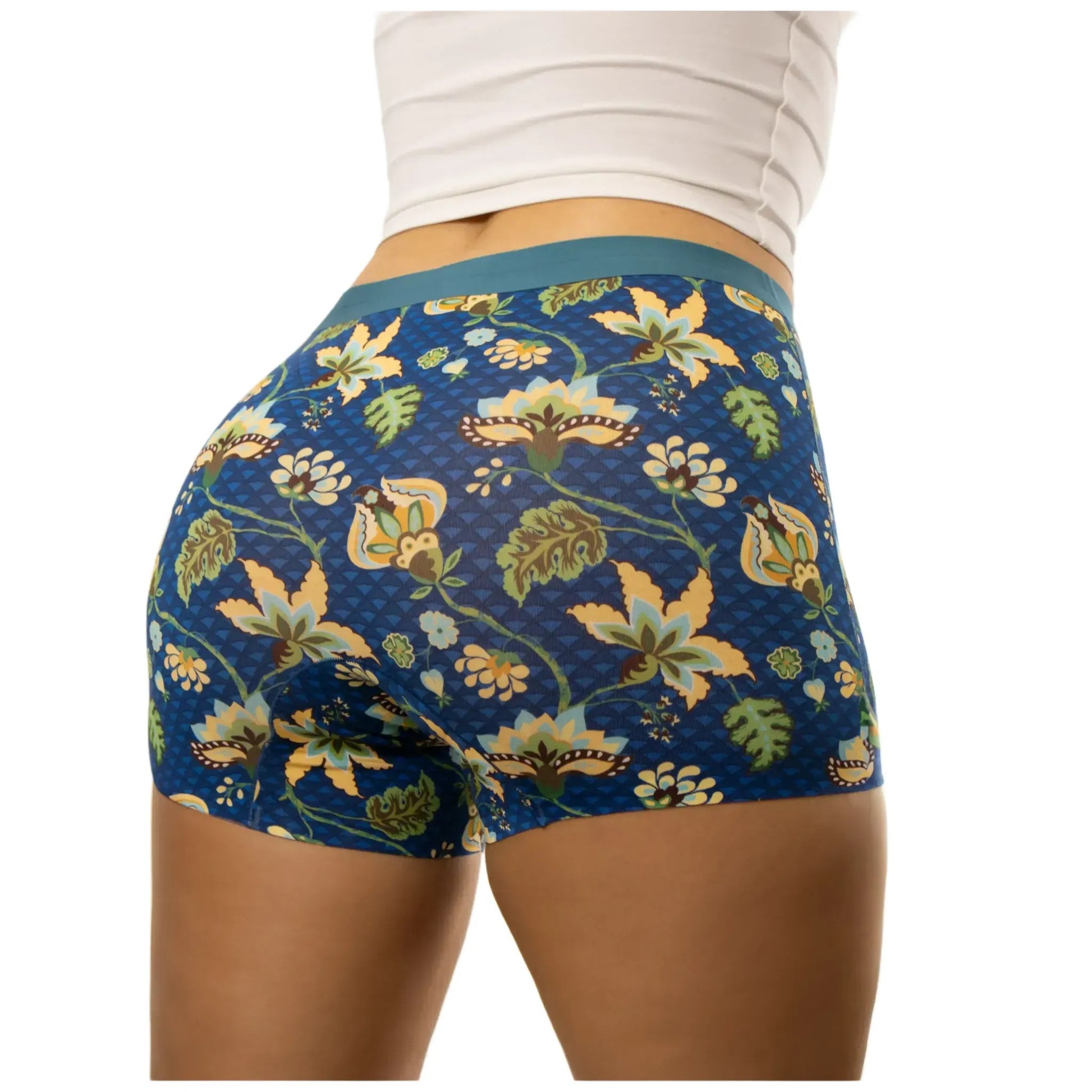 puresnug boyleg underwear in elegant floral print and navy background, side view, AU