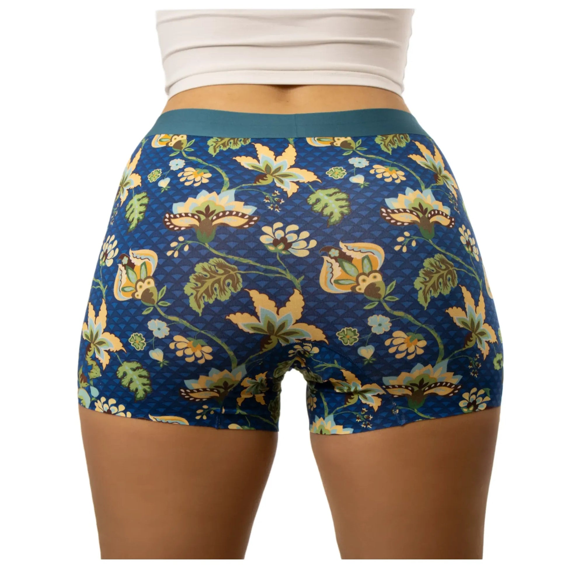 puresnug boyleg underwear in elegant floral print and navy background, back view, AU