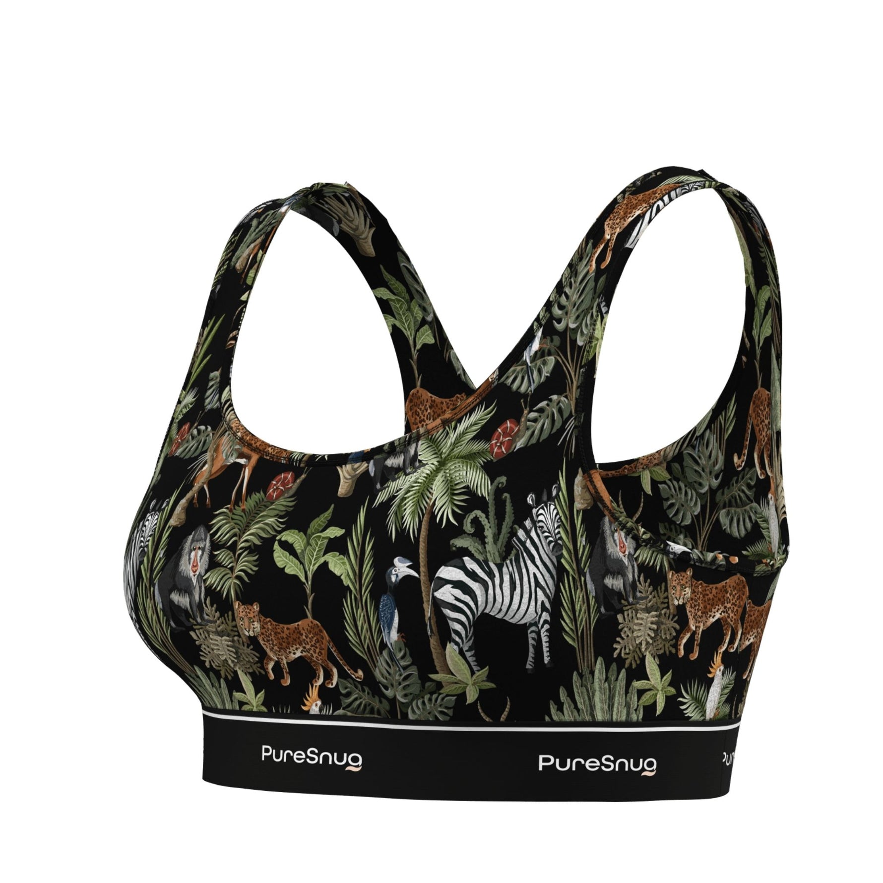 Side angle of PureSnug Jungle Crop Top highlighting its contoured fit, scoop neckline, and signature logo band.