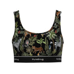 Front view of PureSnug Jungle Crop Top with scoop neckline and branded elastic band for sleek, supportive comfort.