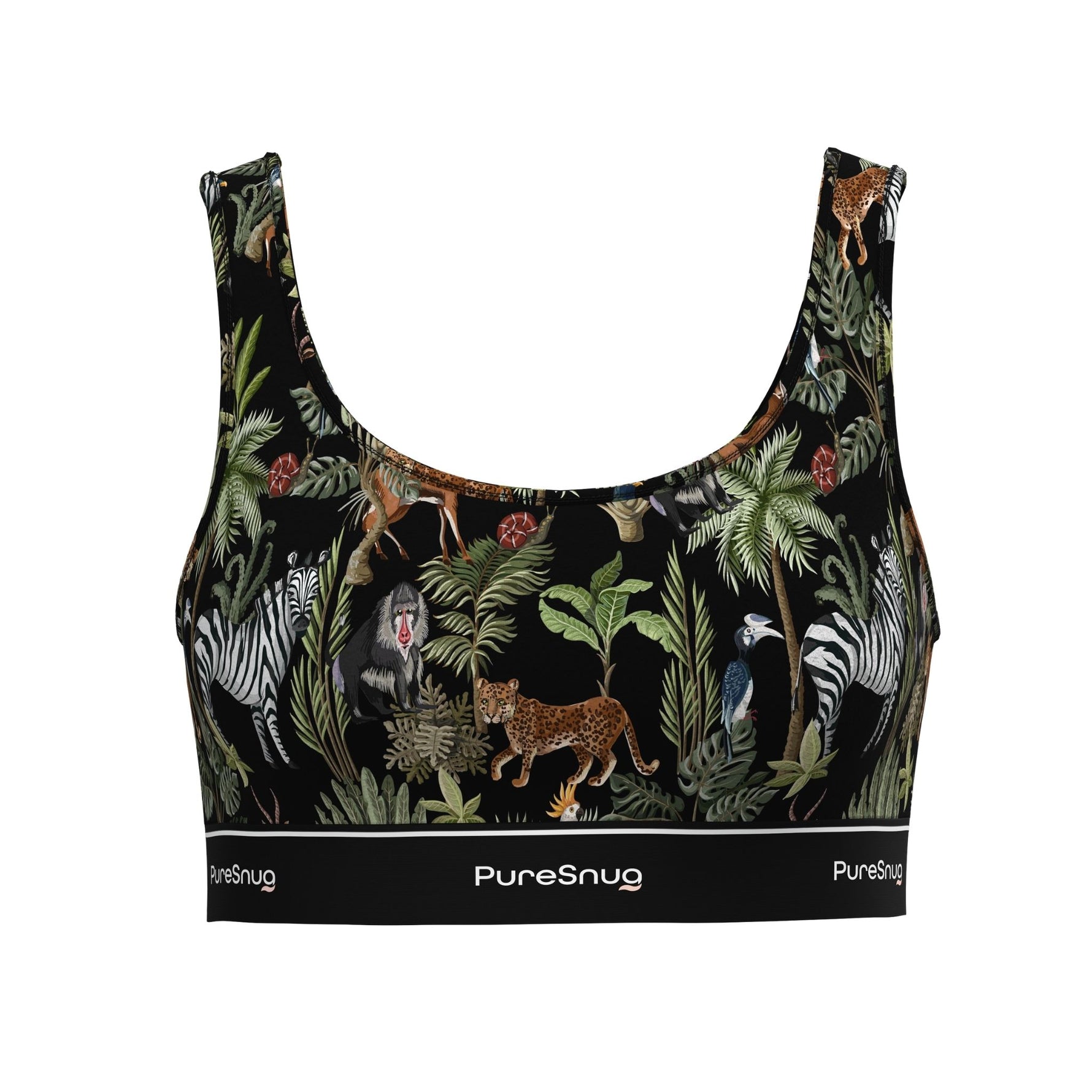 Front view of PureSnug Jungle Crop Top with scoop neckline and branded elastic band for sleek, supportive comfort.