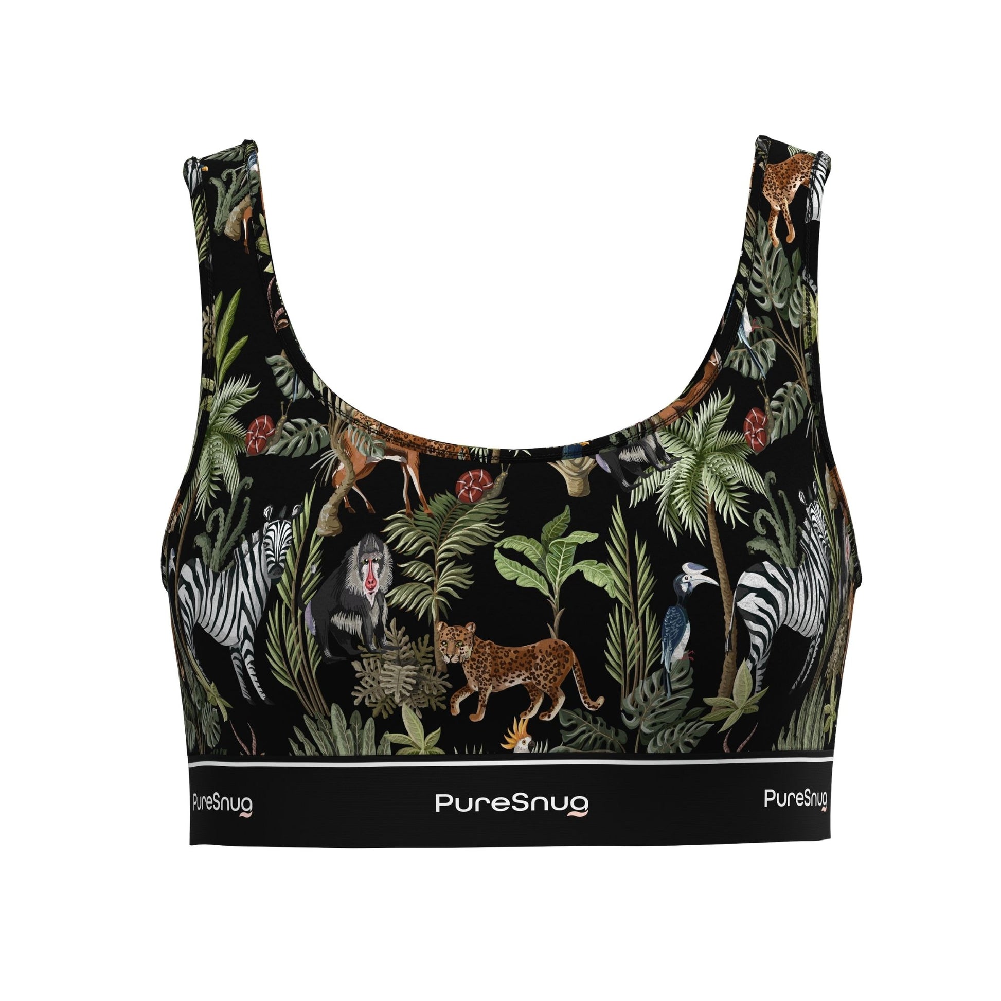 Front view of PureSnug Jungle Crop Top with scoop neckline and branded elastic band for sleek, supportive comfort.
