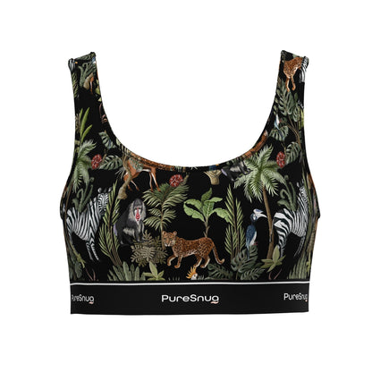 Front view of PureSnug Jungle Crop Top with scoop neckline and branded elastic band for sleek, supportive comfort.