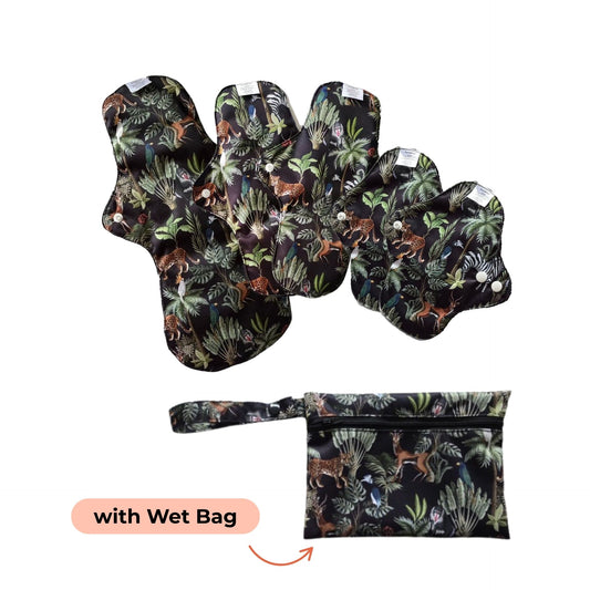 A set of PureSnug's reusable cloth menstrual pads featuring animal and plant patterns, accompanied by a matching wet bag for storage.