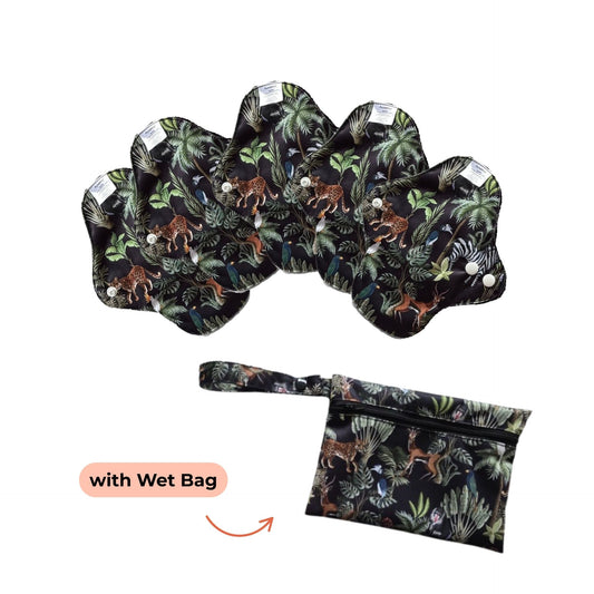 Set of PureSnug reusable panty liners with a jungle print, accompanied by a matching wet bag for storage.