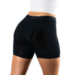 Close-up of a woman's lower body, showcasing black form-fitting leak proof undie that emphasize the curves of her hips and thighs.