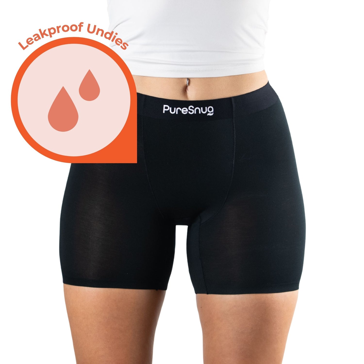 A model wearing black leakproof underwear from PureSnug, with a logo visible on the waistband and a water droplet graphic.