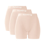 Three pairs of PureSnug 5" light beige boxer briefs on a white background