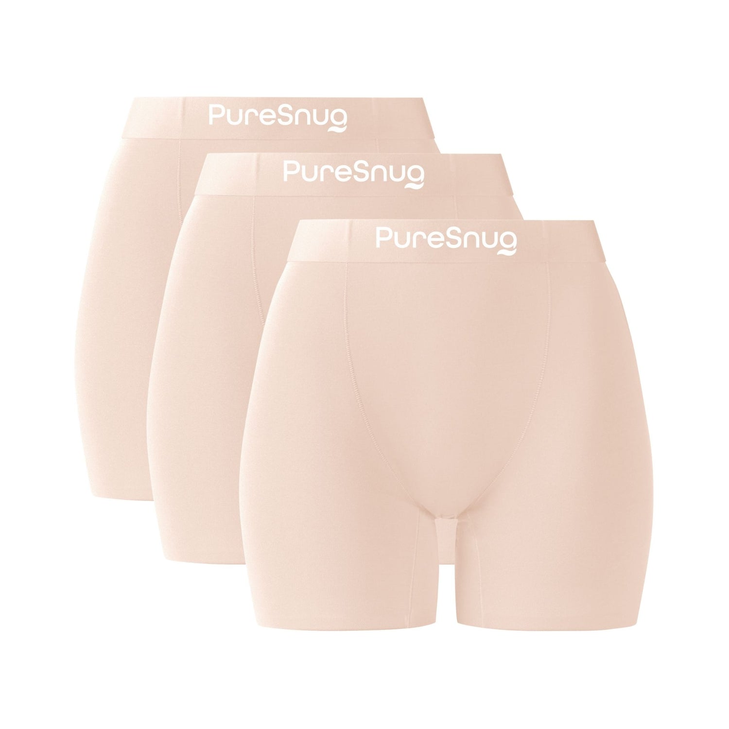 Three pairs of PureSnug 5" light beige boxer briefs on a white background