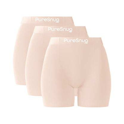 Three pairs of PureSnug 5" light beige boxer briefs on a white background