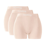 Three pairs of beige boxer shorts with 'PureSnug' branding on a white background