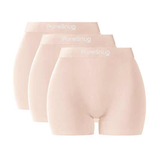 Three pairs of beige boxer shorts with 'PureSnug' branding on a white background